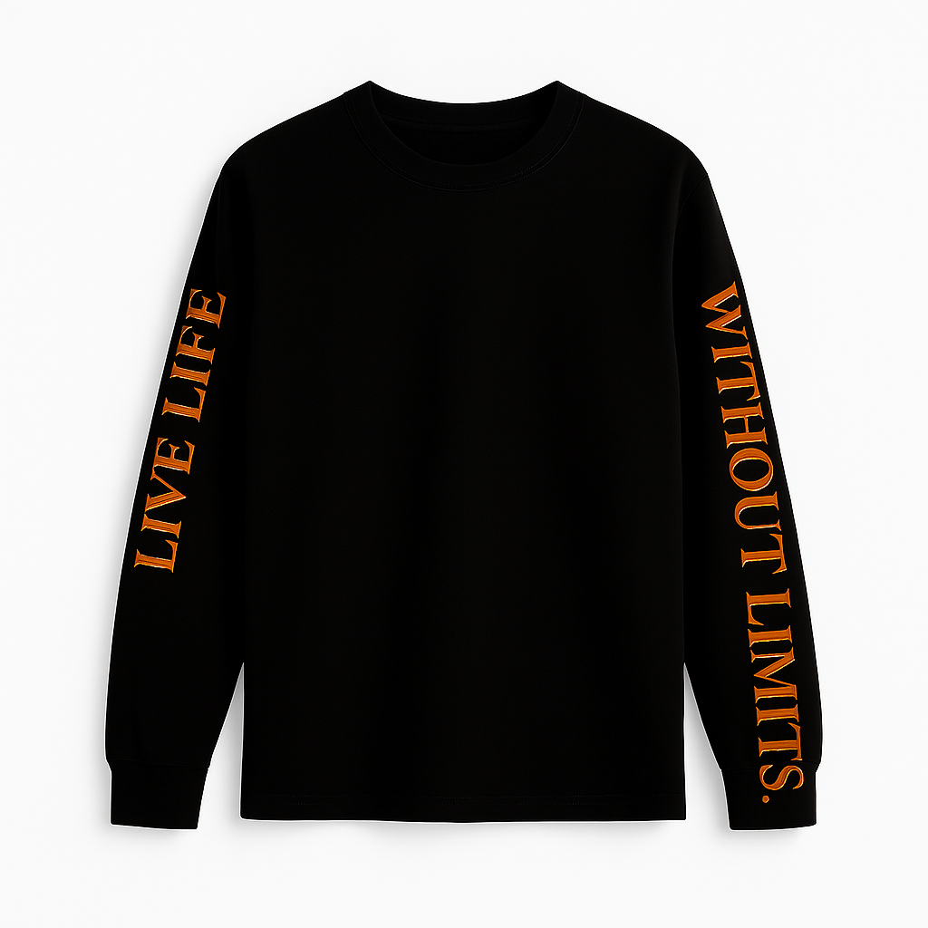 Black NoLimit long sleeve with orange Live Life Without Limits lettering down both sleeves.