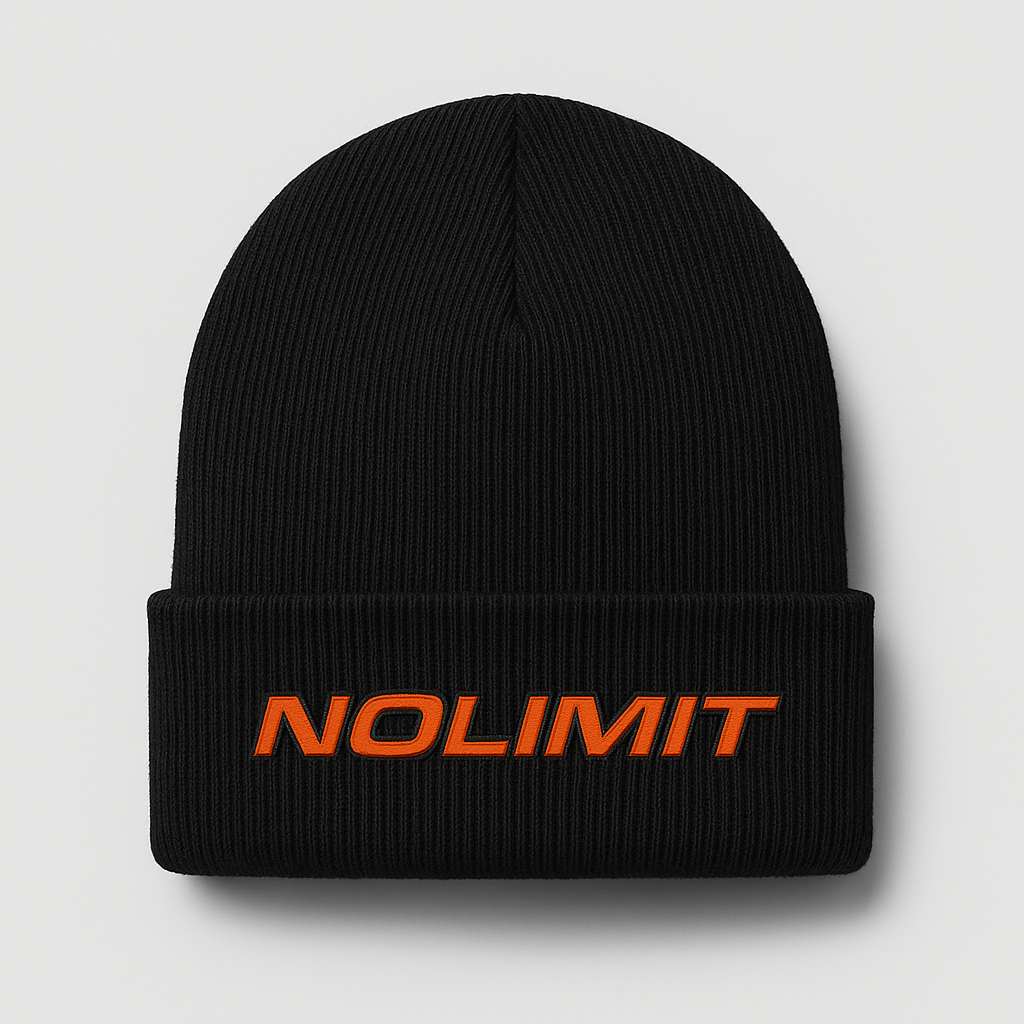 Black NoLimit beanie with orange embroidered NoLimit wordmark.