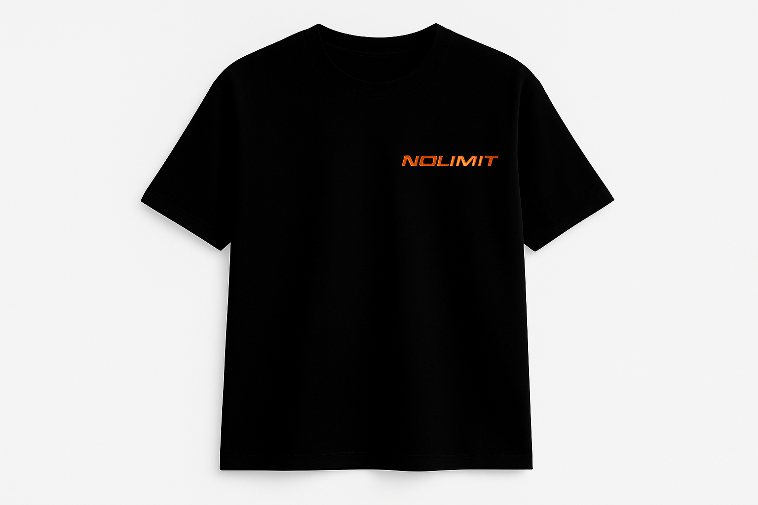 Black Live Life Without Limits tee, front view with orange NoLimit wordmark on chest.
